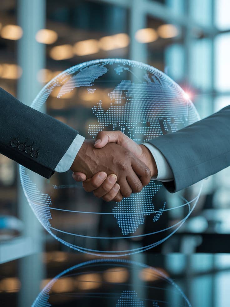 Two business people shaking hands in front of a digital globe centred on Africa