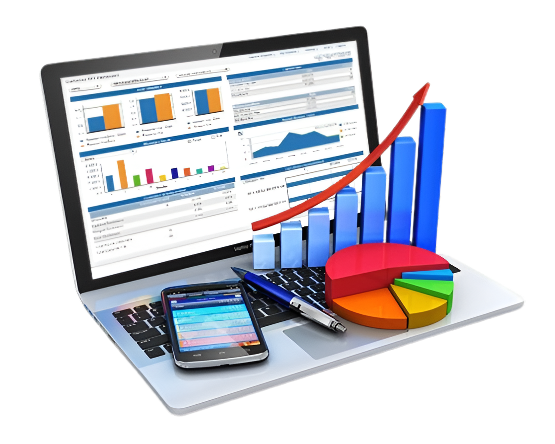 Laptop showing a sales dashboard beside a phone, a rising bar chart and a pie chart