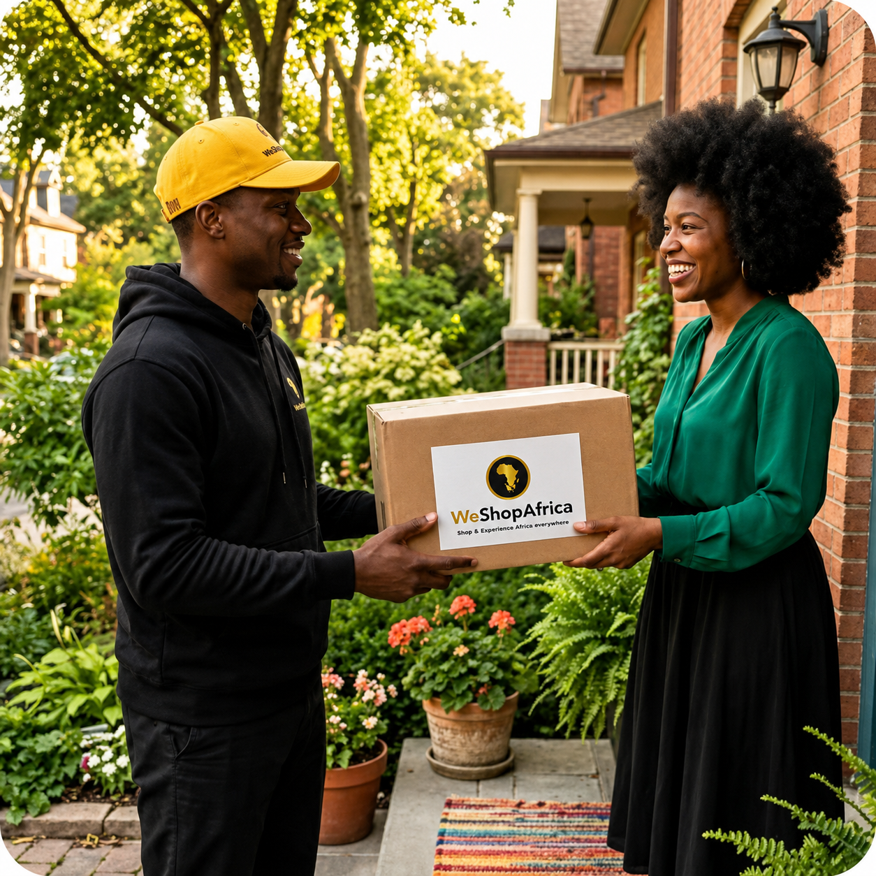 A WeShopAfrica courier handing a branded parcel to a customer at her door