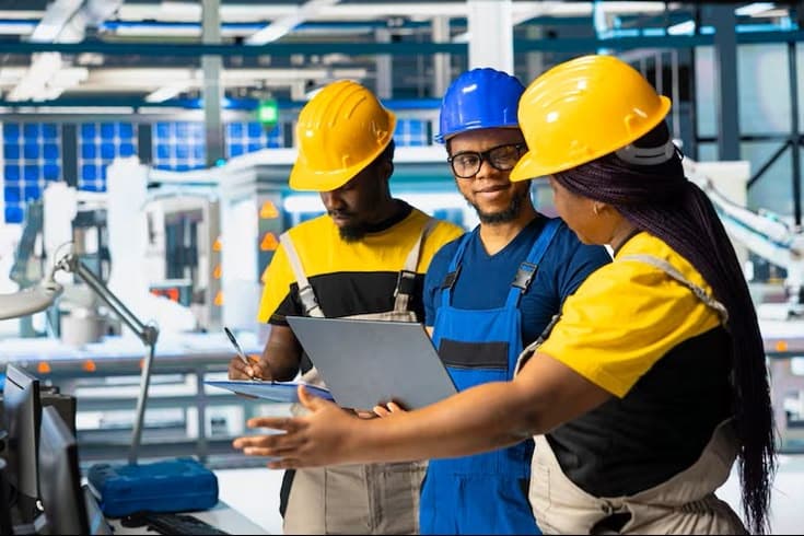 Three manufacturing workers in hard hats reviewing production notes on a factory floor