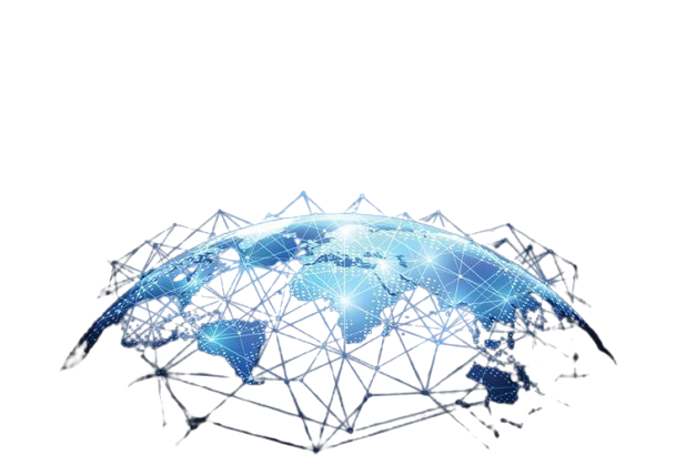 A globe overlaid with a network of trade routes linking continents