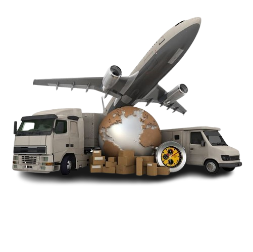 Truck, plane, and van delivering packages worldwide